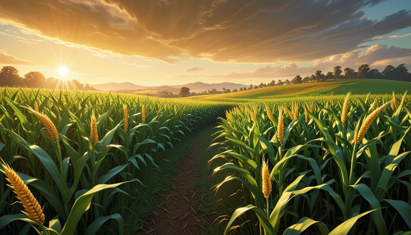 Lush Green Field of Golden Corn at Golden Hour