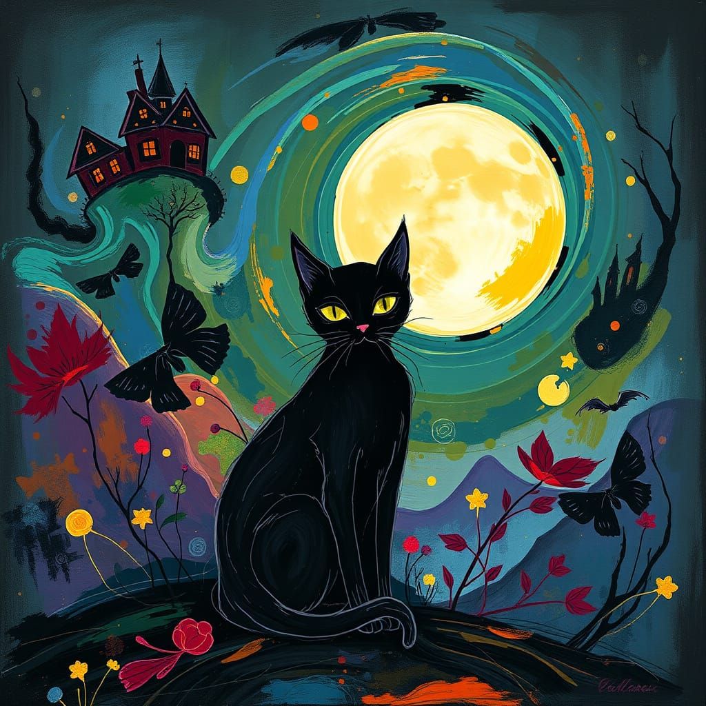 Mystical Black Cat Basks in Vibrant Full Moon Glow