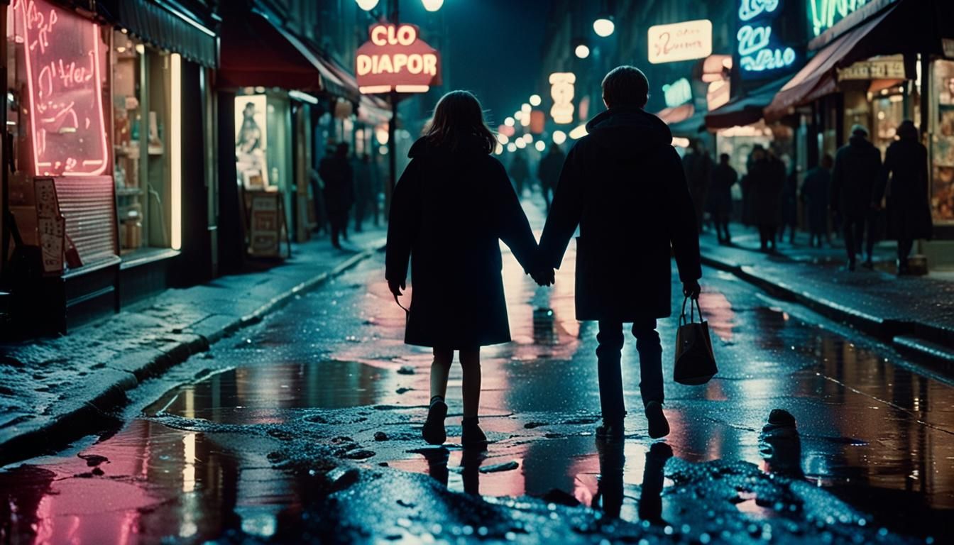 Paris Street at Night: Lovers in Neon Reflections