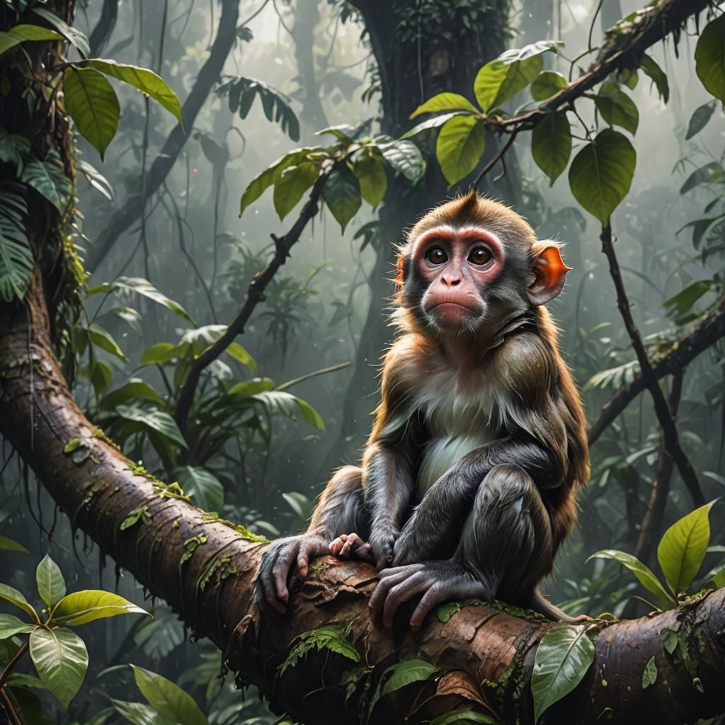 Cute Monkey in Rainforest: Hyperrealistic Splash Art