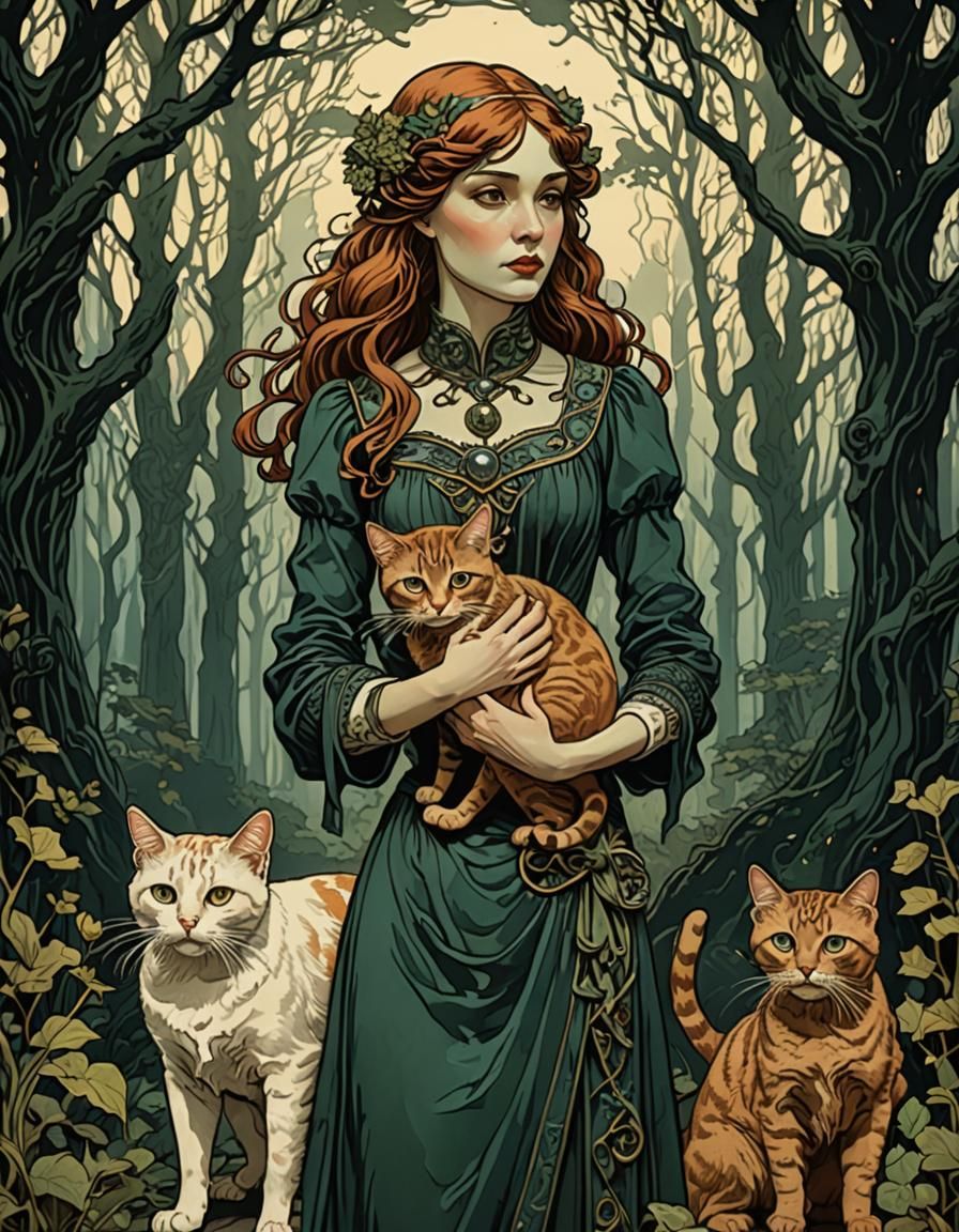 Art Nouveau Woman with Cat in Forest