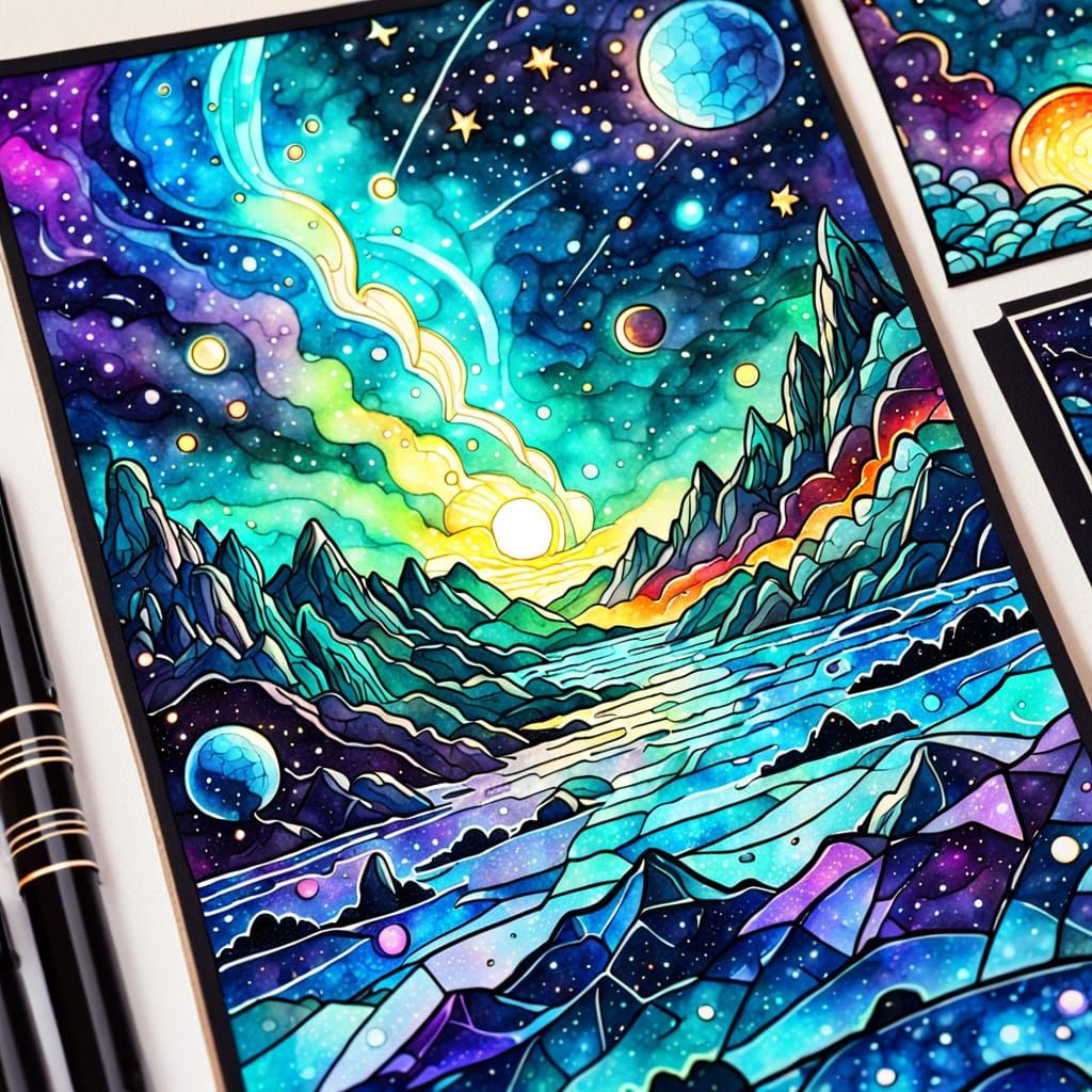Vibrant Cosmic Landscape in Stained Glass Mosaic Style