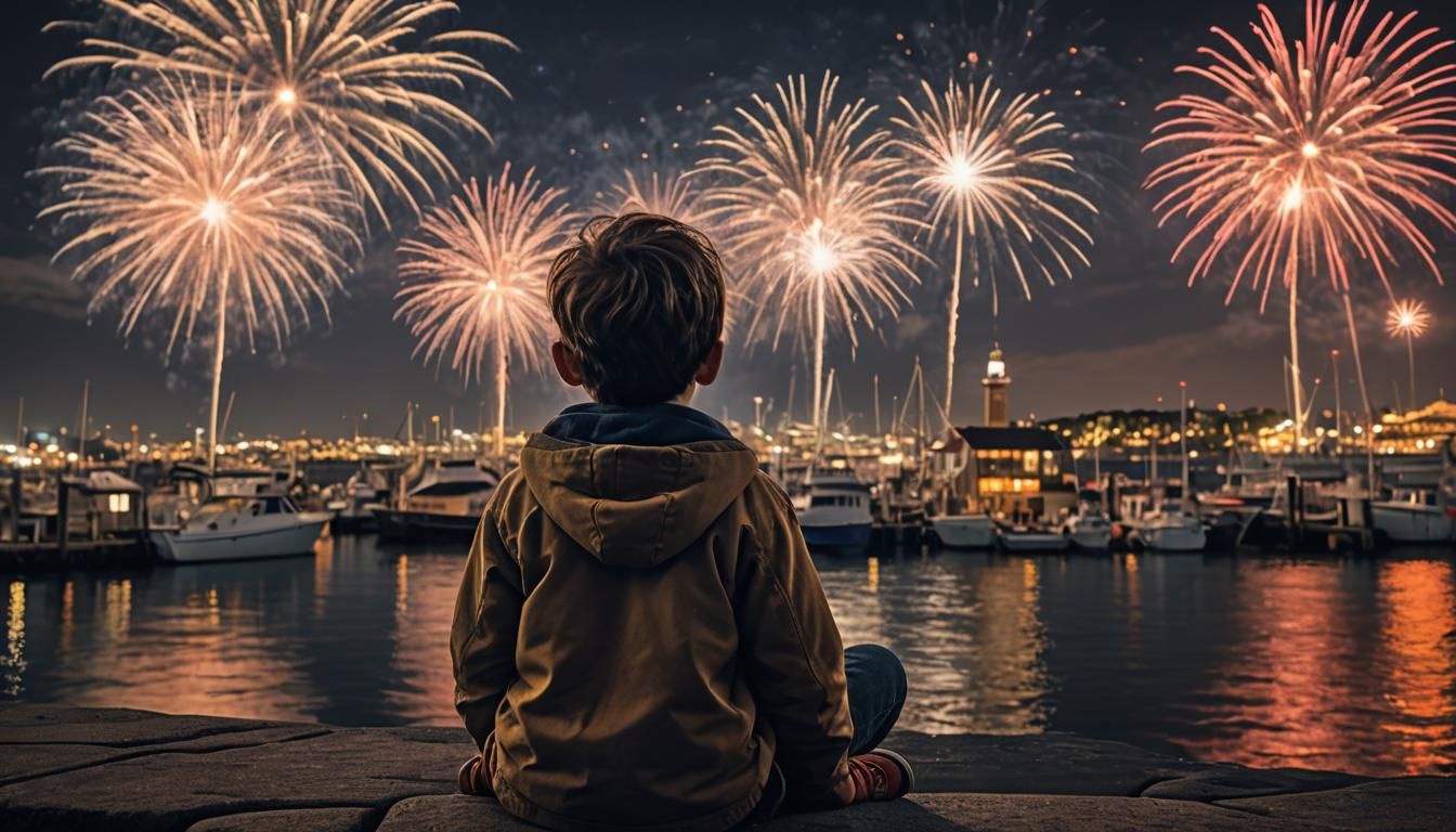 Fireworks Display Watched by Childlike Figure