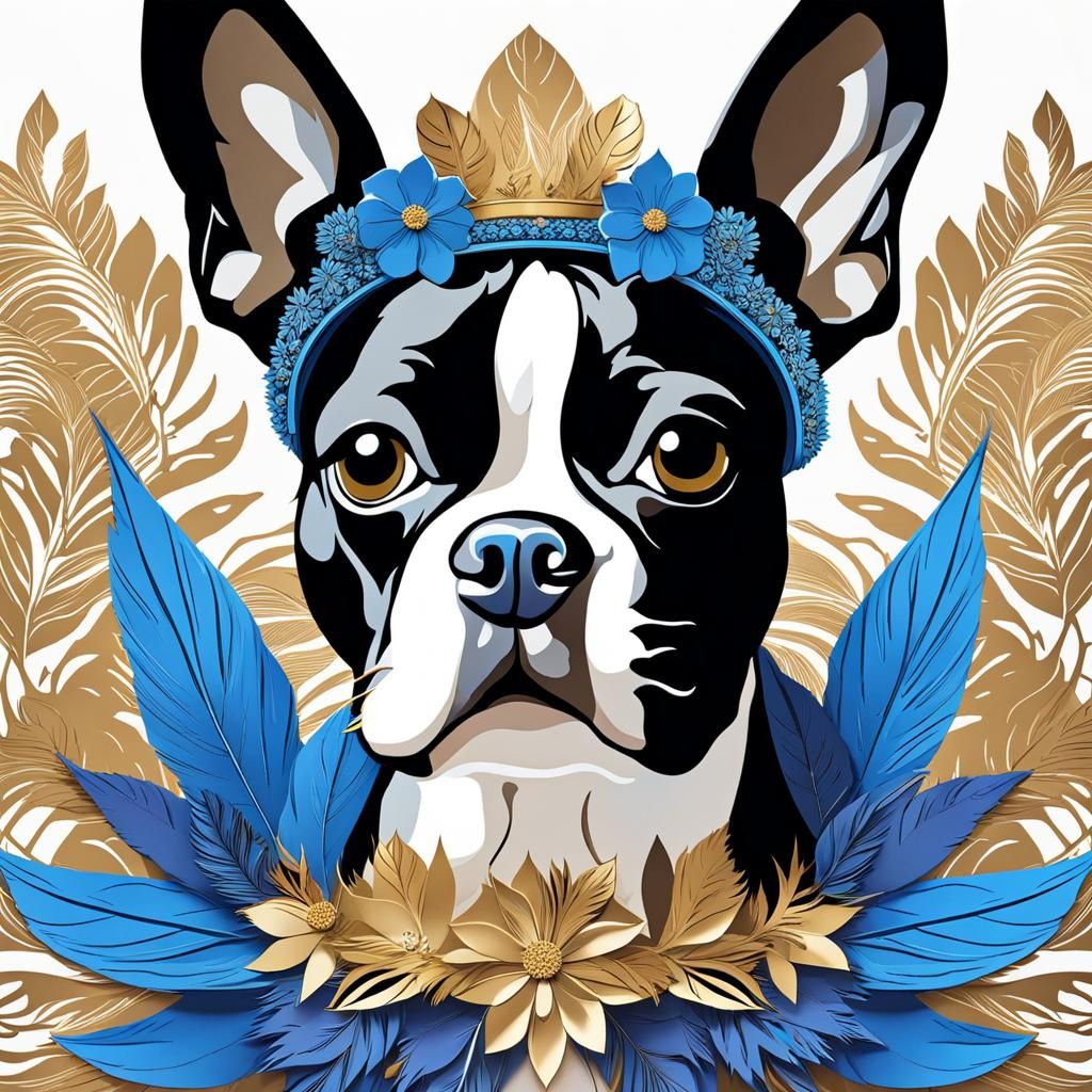 Boston Terrier Portrait with Crown in Line Art