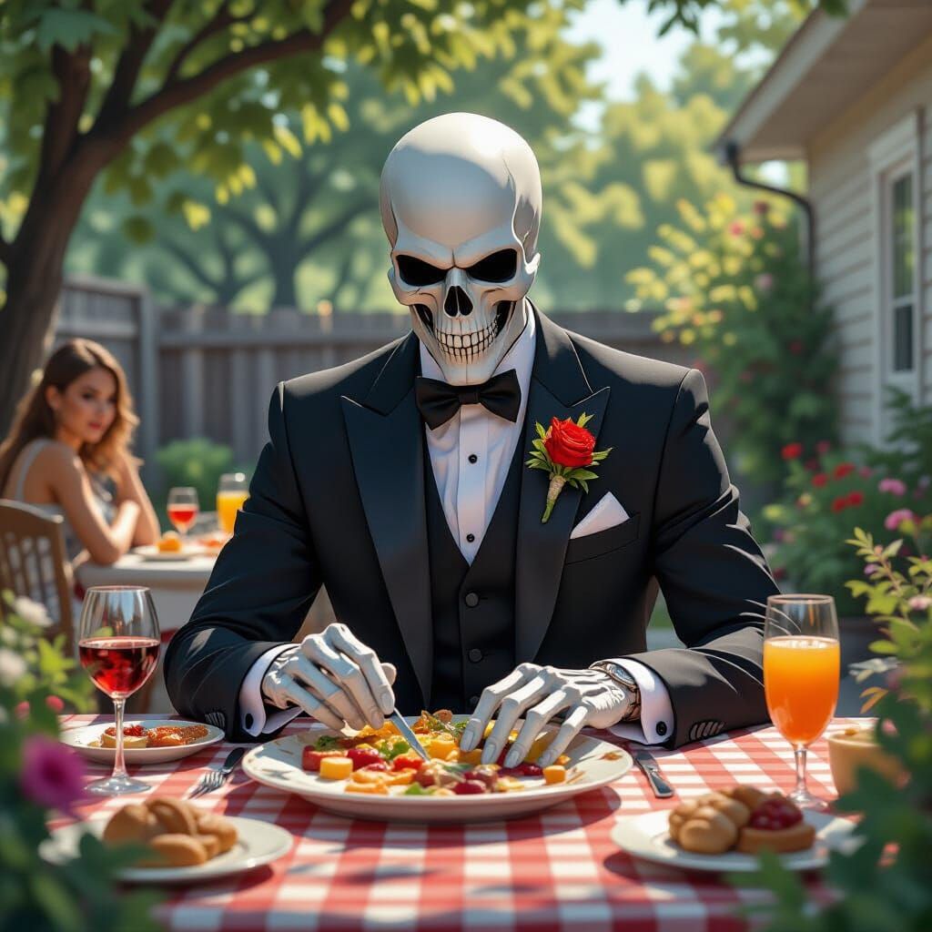 Death Attends a Vibrant Backyard BBQ in Hyperrealistic Style