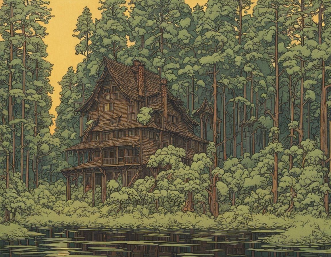 Whimsical Russian Folk Art House Amidst an Enchanted Forest