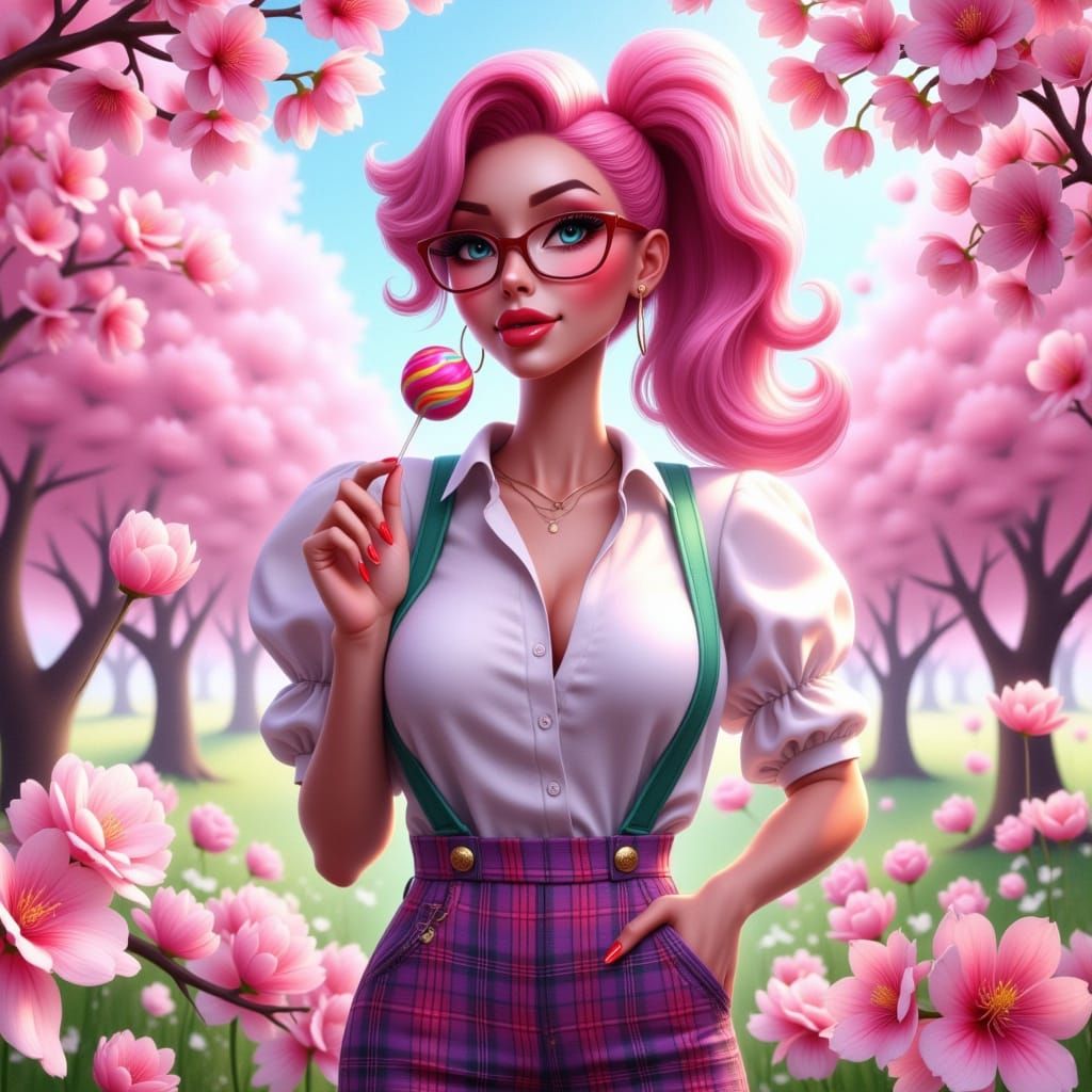 Nerdy Woman with Pink Hair in Cherry Blossom Field