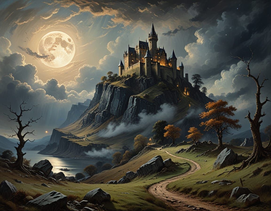 Ethereal Castle Under Crescent Moon