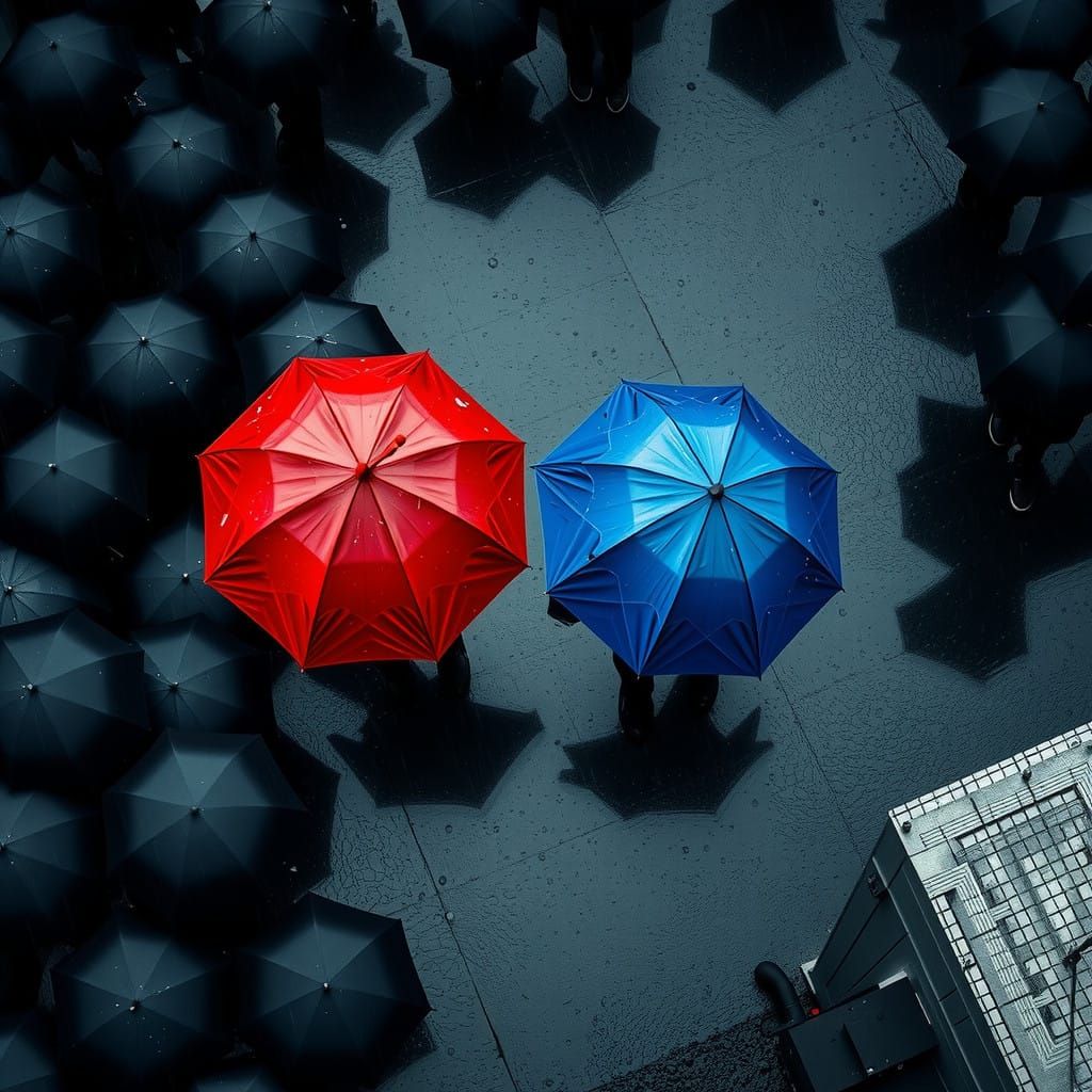 Bird's Eye View of Rainy City, Whimsical Umbrellas Shine
