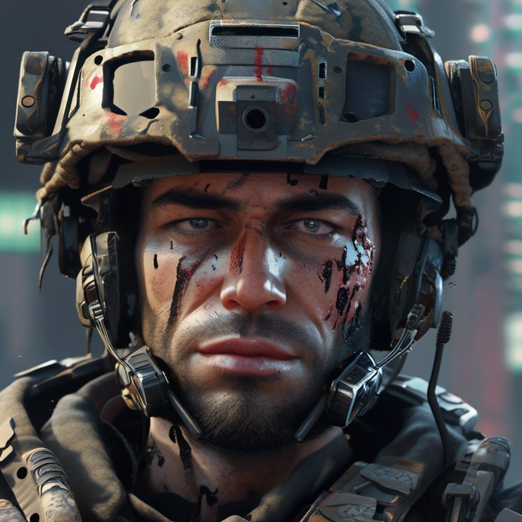 Futuristic Soldier in Urban Setting, Detailed Digital Art