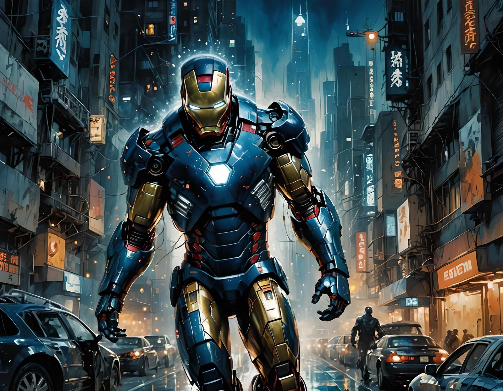 Iron Man in Midnight Blue, Grieving Over Metropolis