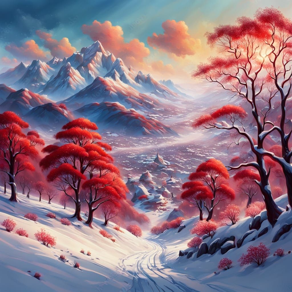 Surreal Snowy Landscape with Crimson Trees