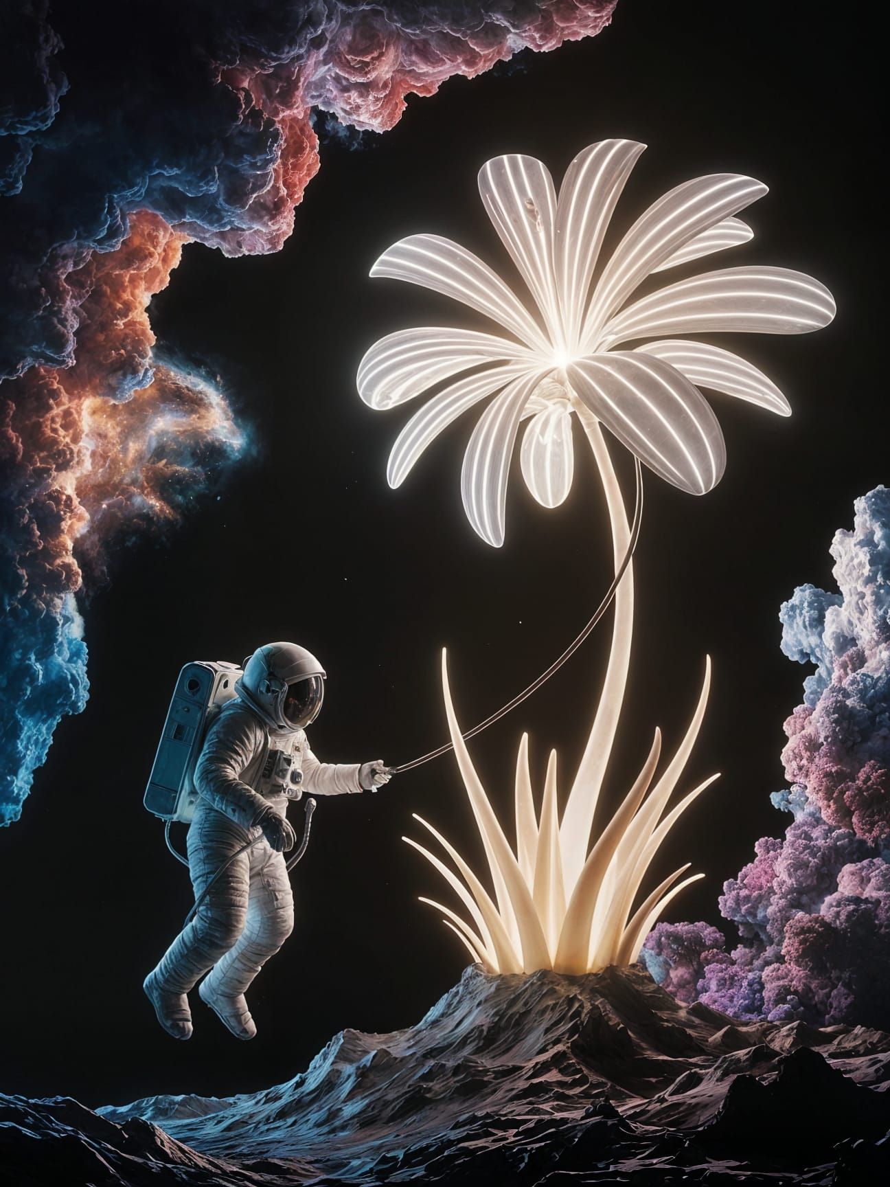 Astronaut Tethered to Giant Bioluminescent Flower in Cosmic ...
