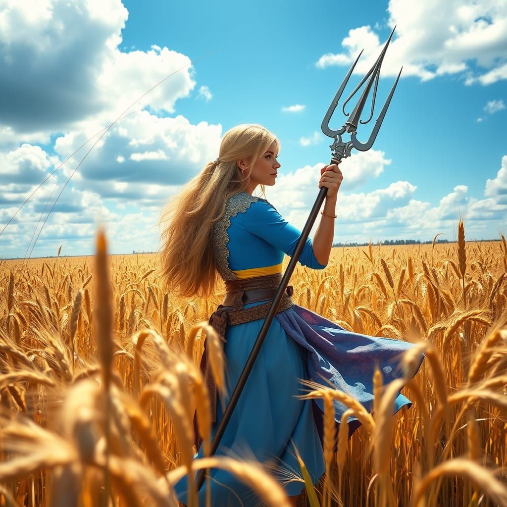 Ukrainian Flag Reflected in Wheat Field with Warrior in Blue...