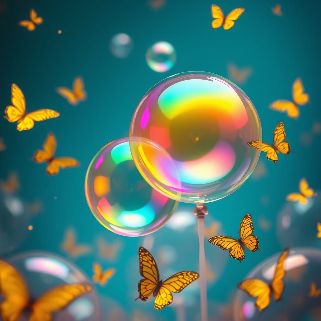 Rainbow Bubbles and Golden Butterflies in Whimsical Style