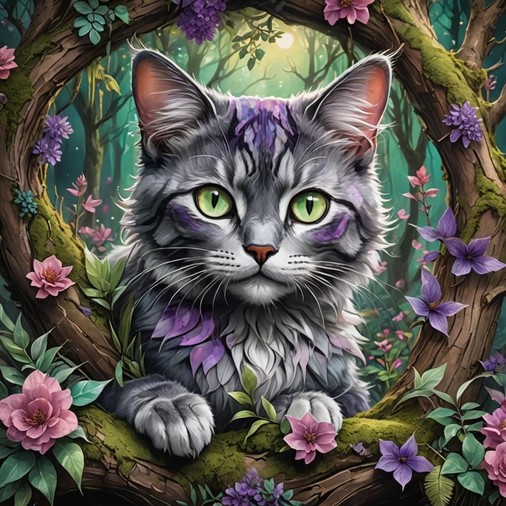 Glowing Manga Cat Peeking Through Mystical Bushes