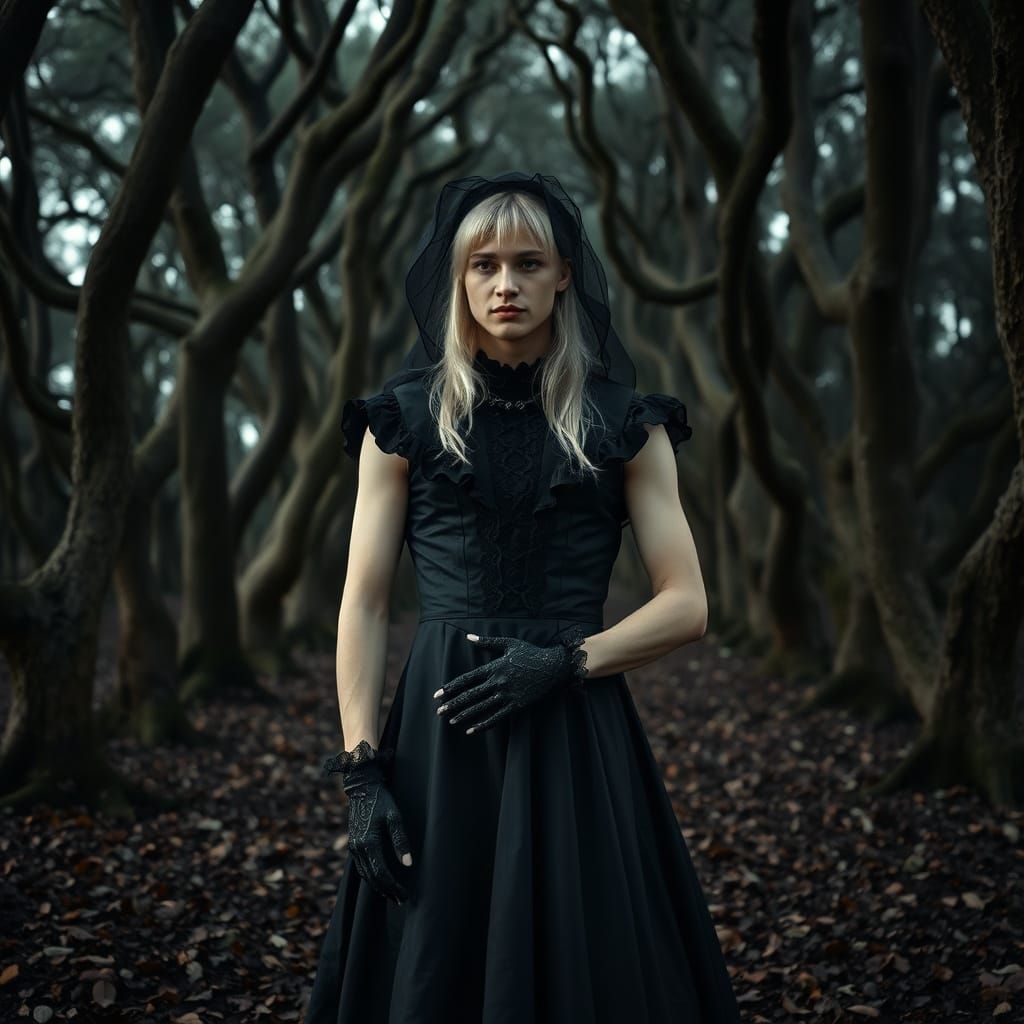 Gothic Crossdressing Man in Mysterious Forest