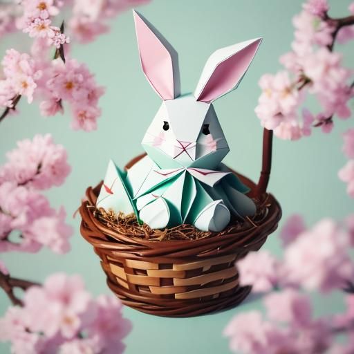 Easter Bunny in Flowering Tree, Rococo Pastel Art