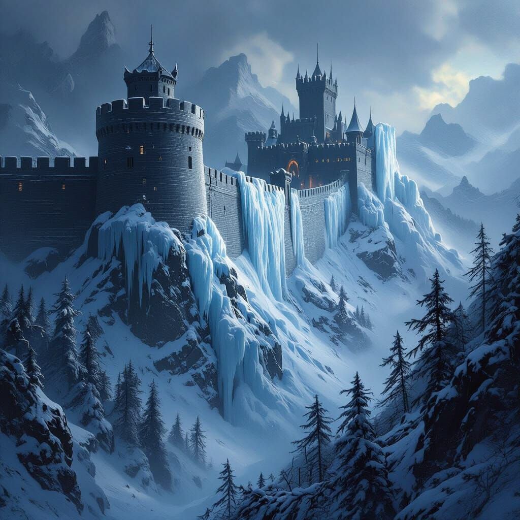 Epic Ice Wall Guards Black Castle in Fantasy Digital Paintin...