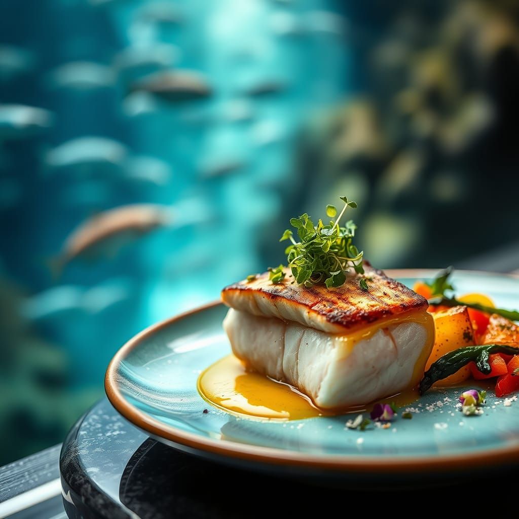 Gourmet Swordfish Steak with Aquarium Backdrop