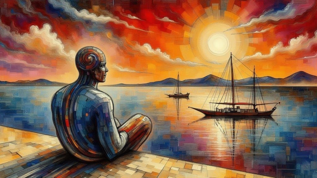 Lake Varese Sunset in Surreal Cubist Style