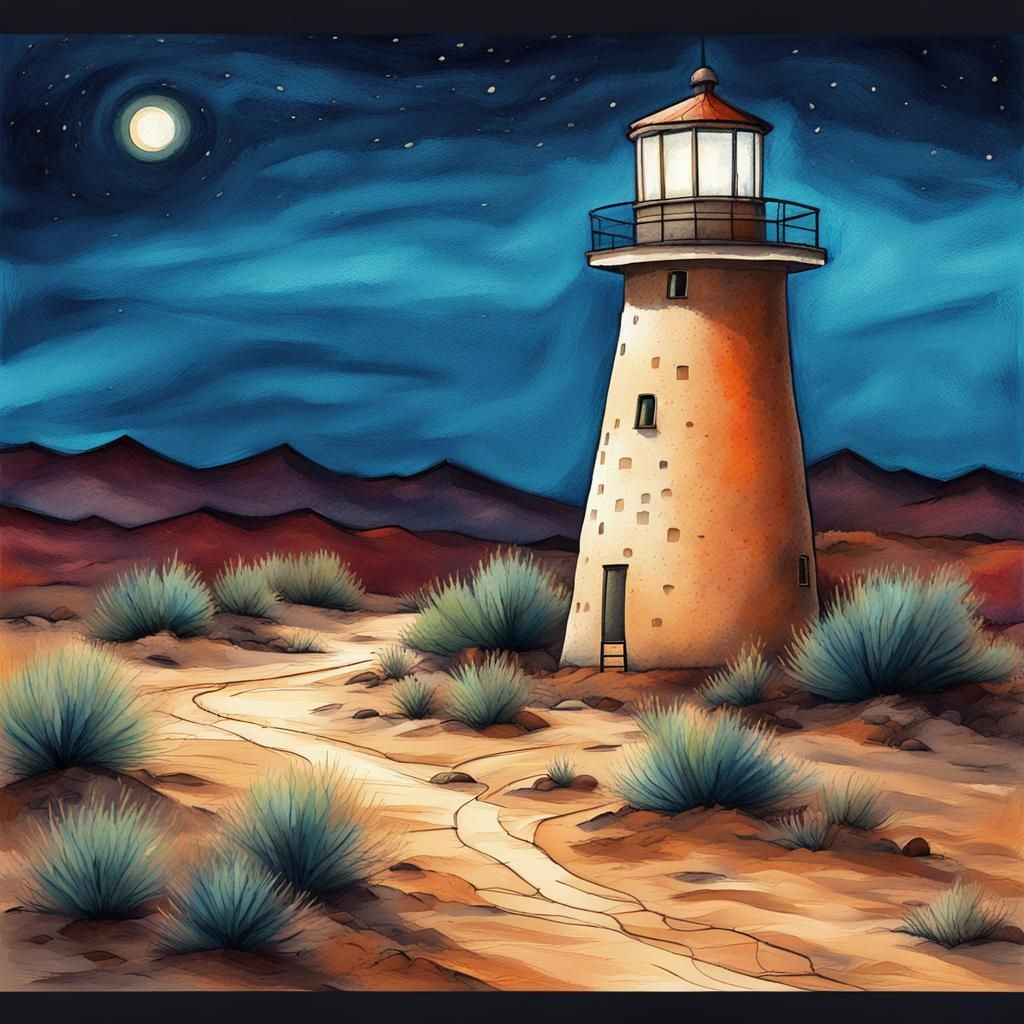 Desert Lighthouse at Night in Neo-Impressionist Style