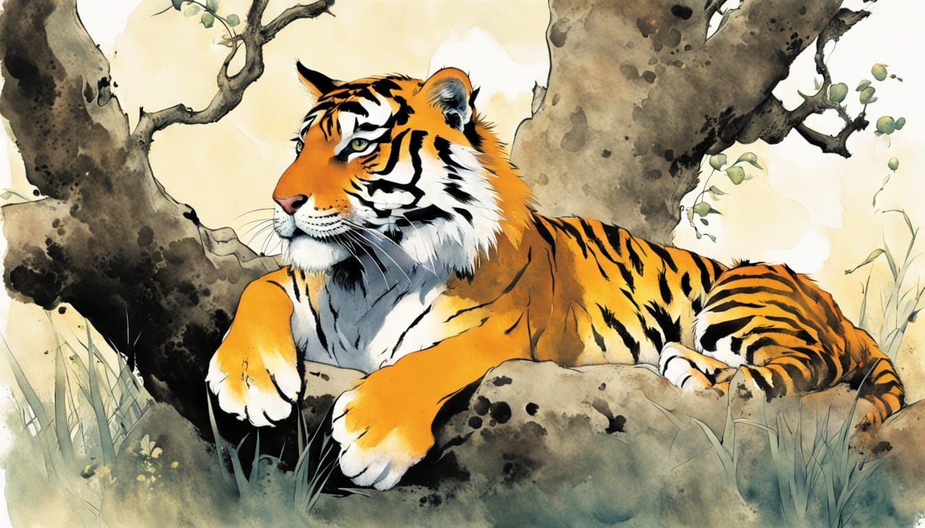 Tiger Resting Under Tree in Amber Tones