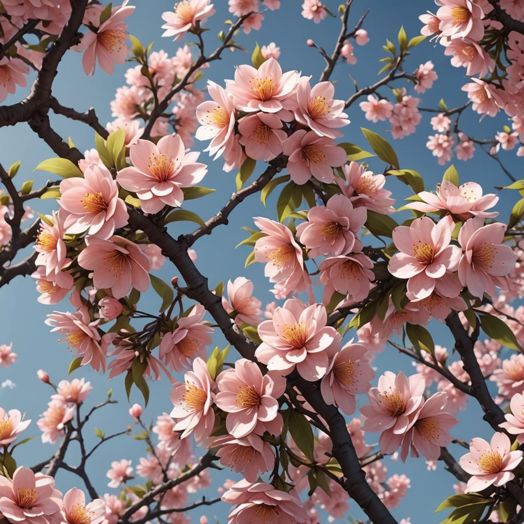 Detailed 3D Anime Peach Flowers, Aesthetic Concept Art