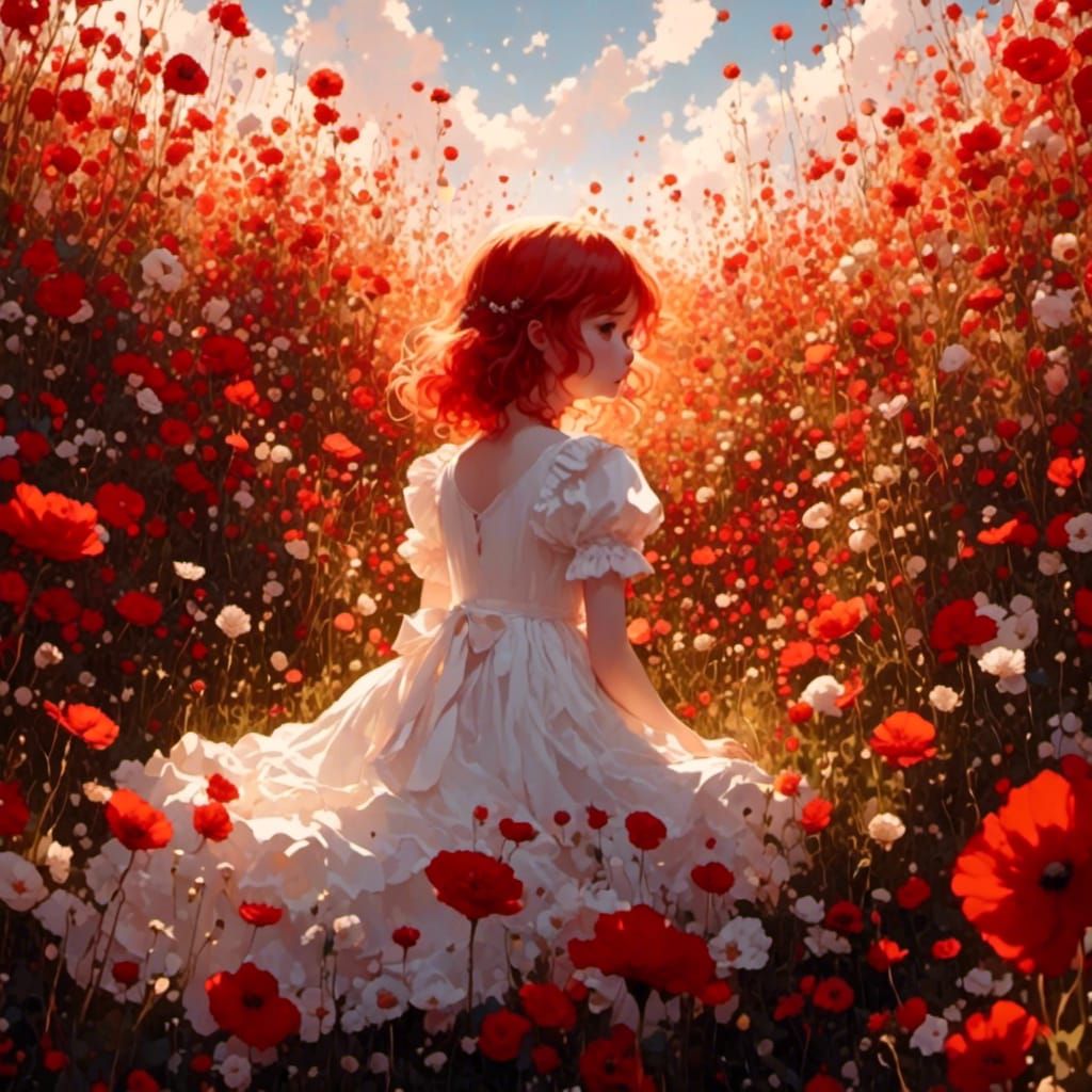 Anime Girl in Red and White Flower Field