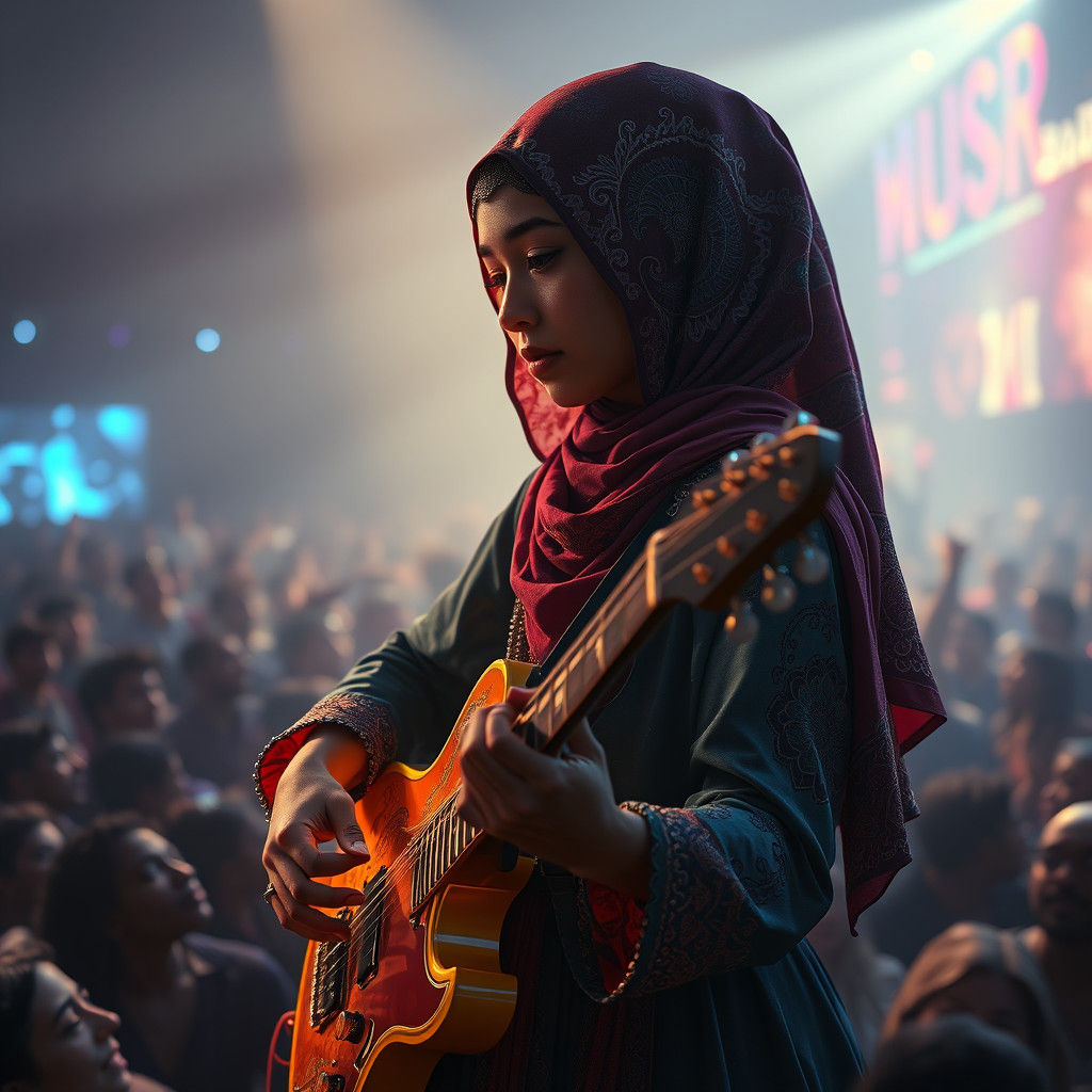 Woman in Hijab Plays Guitar: Matte Painting in Unreal Engine