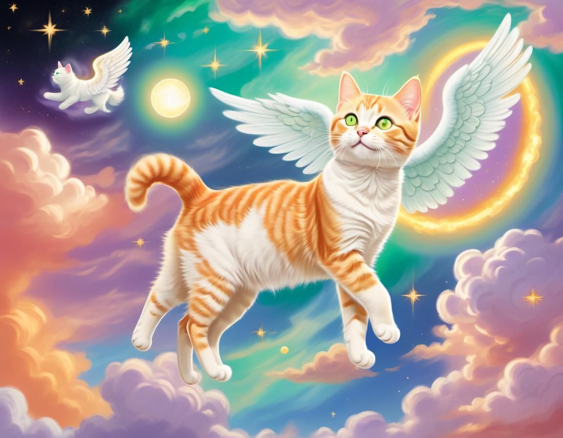 Tabby Cat Angel in Pastel Skies: Digital Airbrush Art