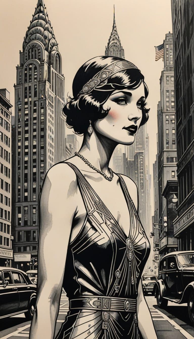 Flapper Girl in Front of the Chrysler Building, Art Deco Ink...