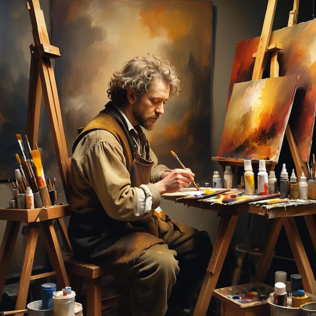 Painter in Studio: Traditional Oil Painting