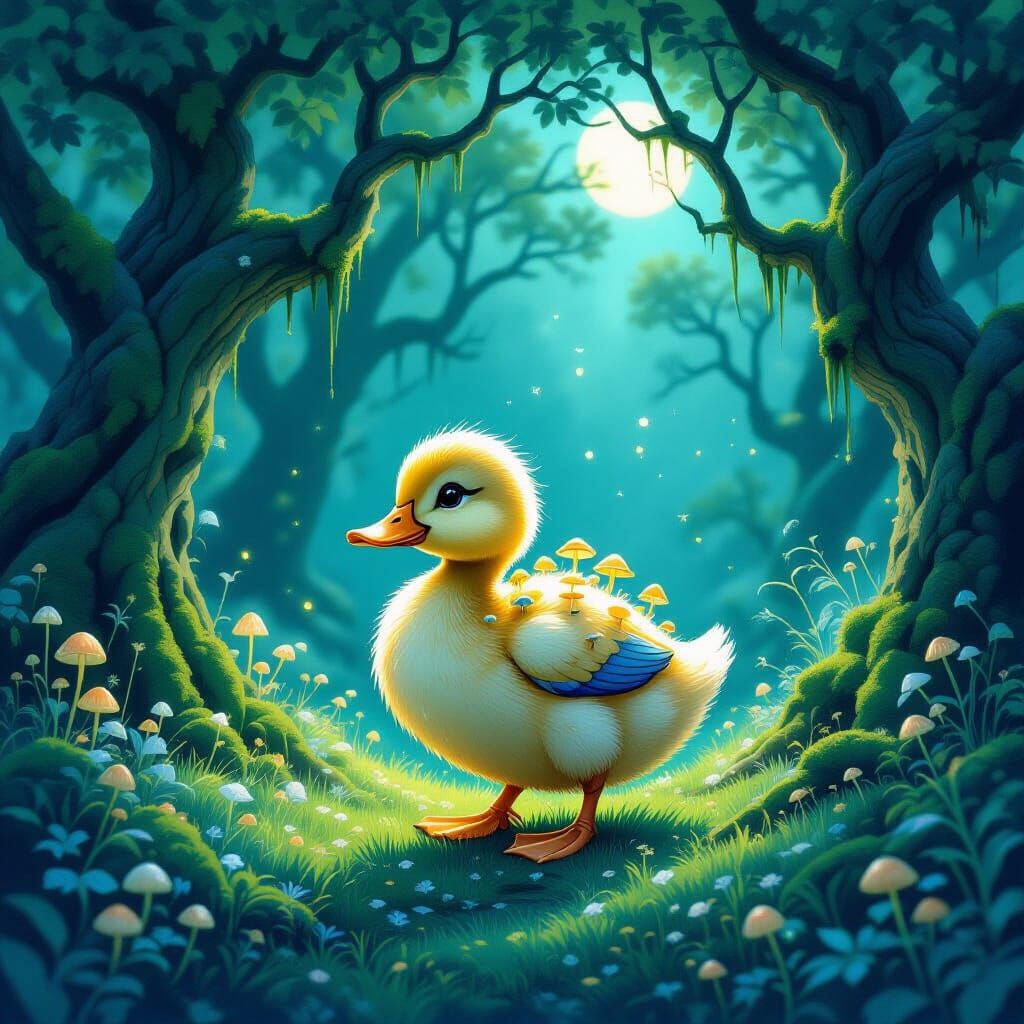 Enchanted Duckling with Glowing Mushrooms in a Moonlit Fores...