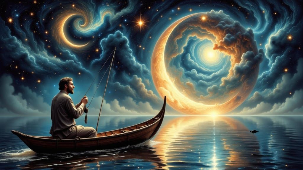 Celestial Fisherman Catches Falling Star in Cosmic Sea