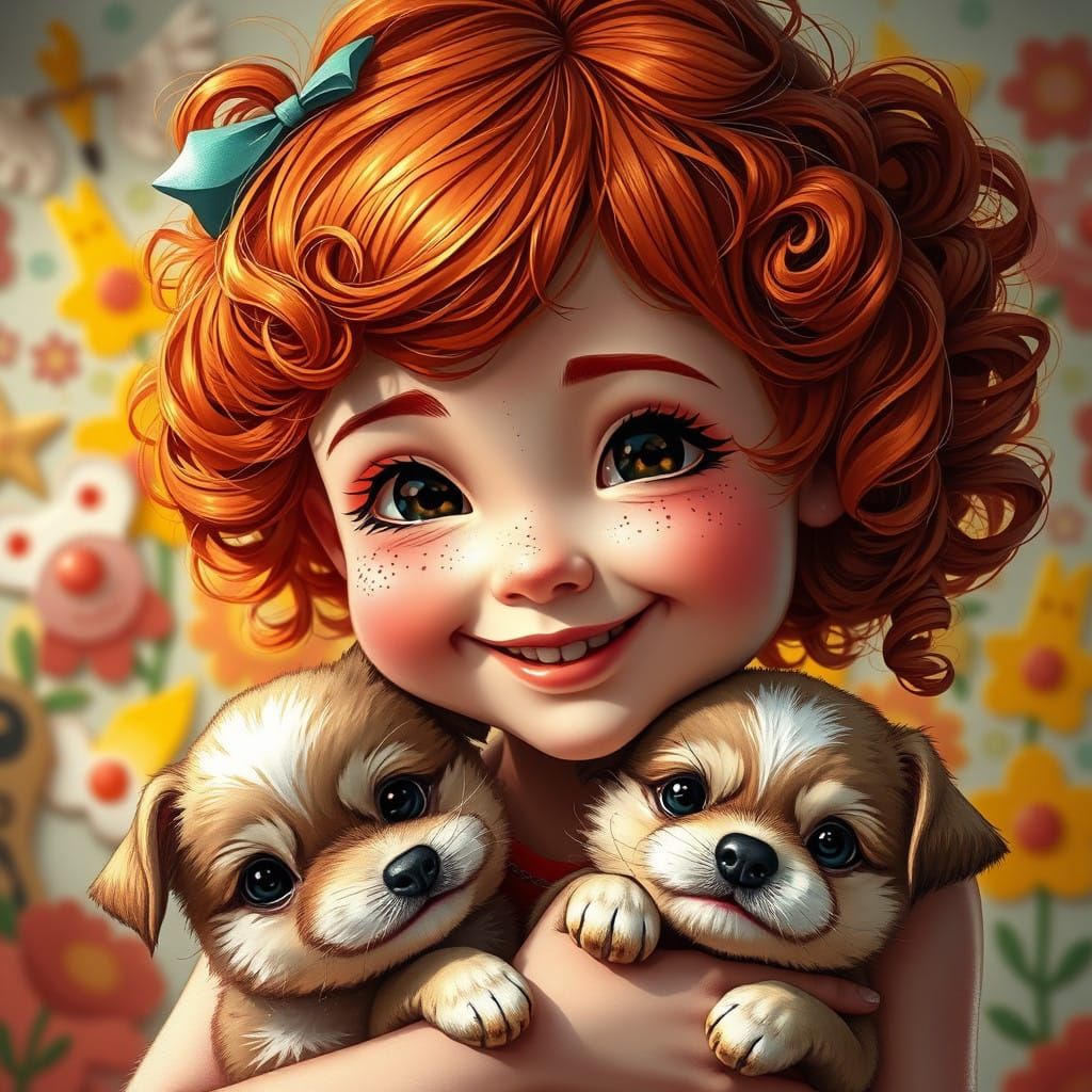 Joyful Girl Holds Tiny Chinese Puppy in Whimsical Scene