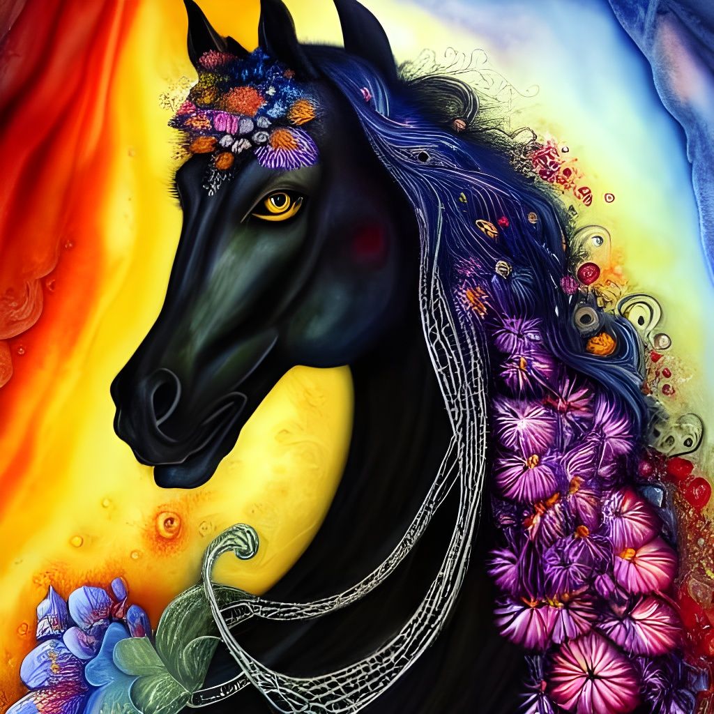 Enchanting Black Horse Watercolour Painting
