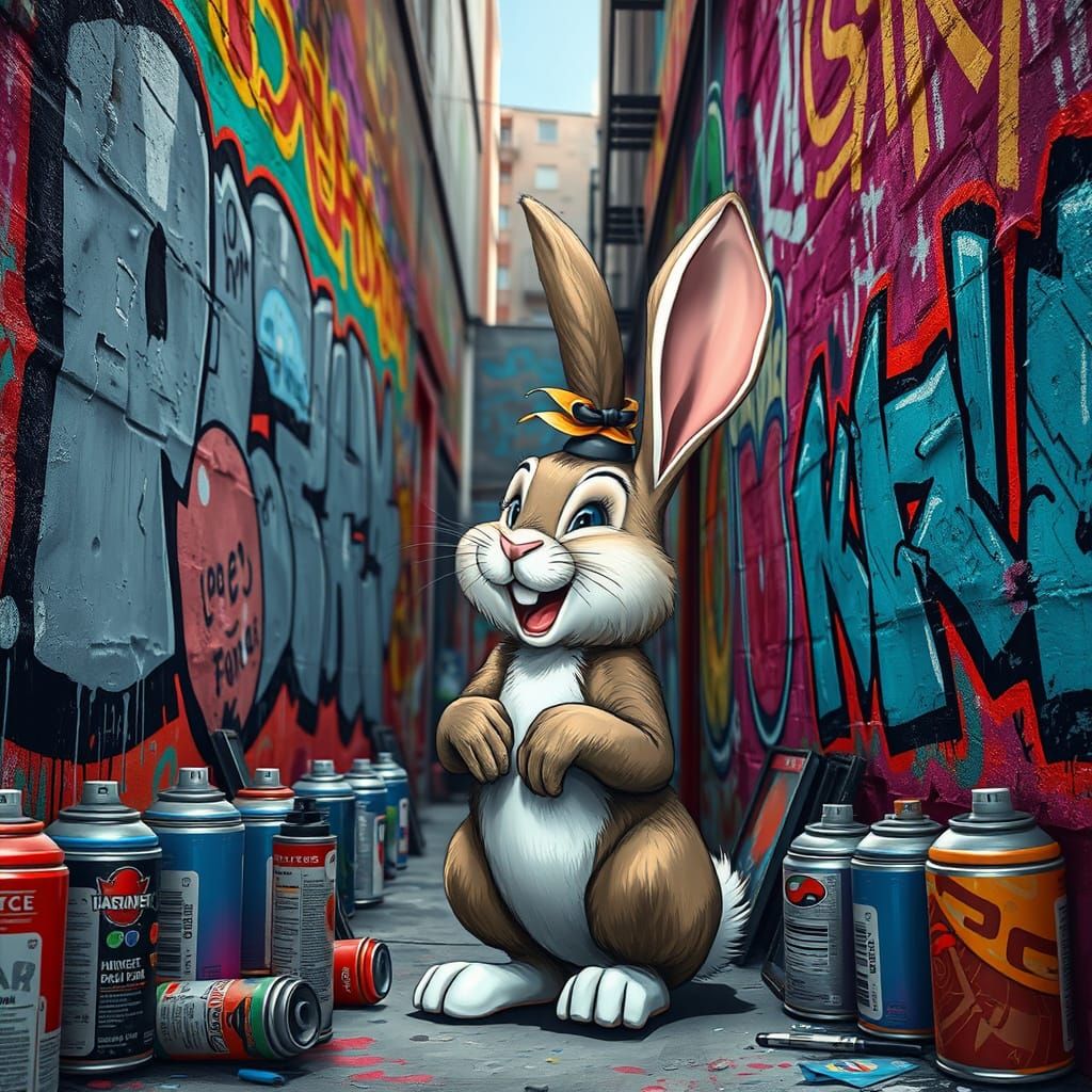 Laughing Bunny Graffiti Art in Urban Alley