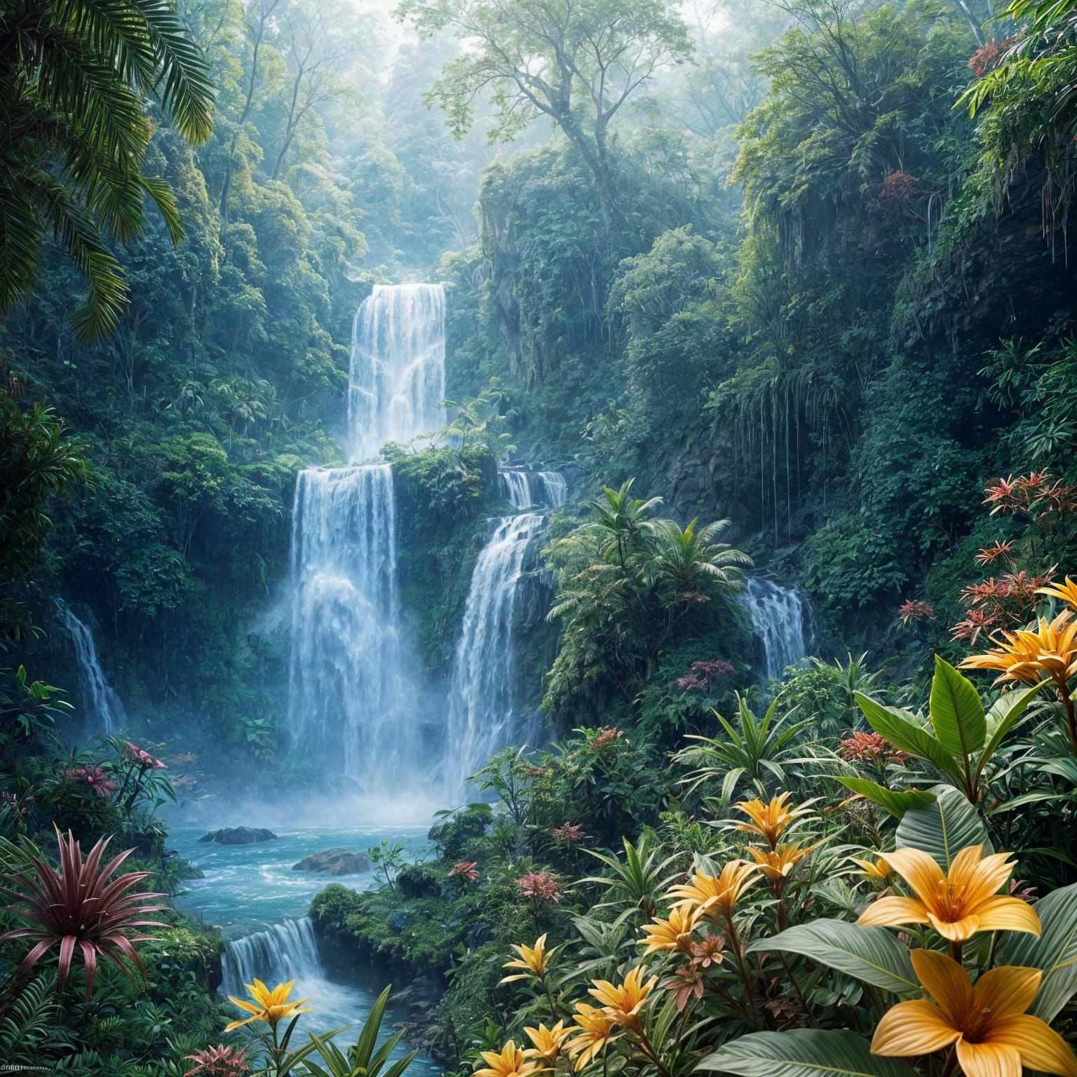 Whimsical Rainforest Oasis in Vibrant Colors