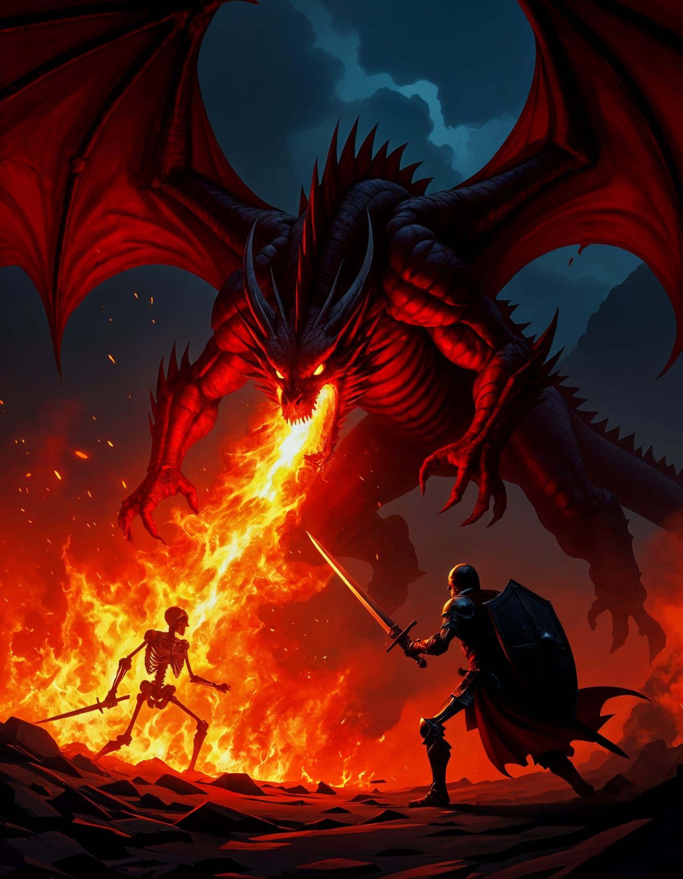 Red Dragon's Fiery Breath on Dark Battlefield