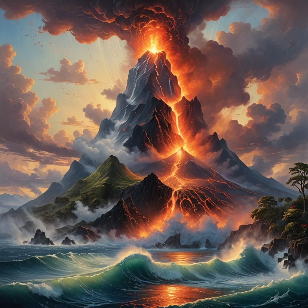 Volcanic Eruption at Sea: Ethereal Fantasy Scene
