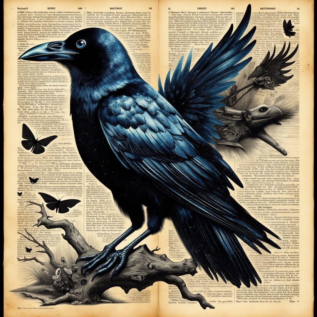 Majestic Raven Perched on Gnarled Branch in Dark, Atmospheri...