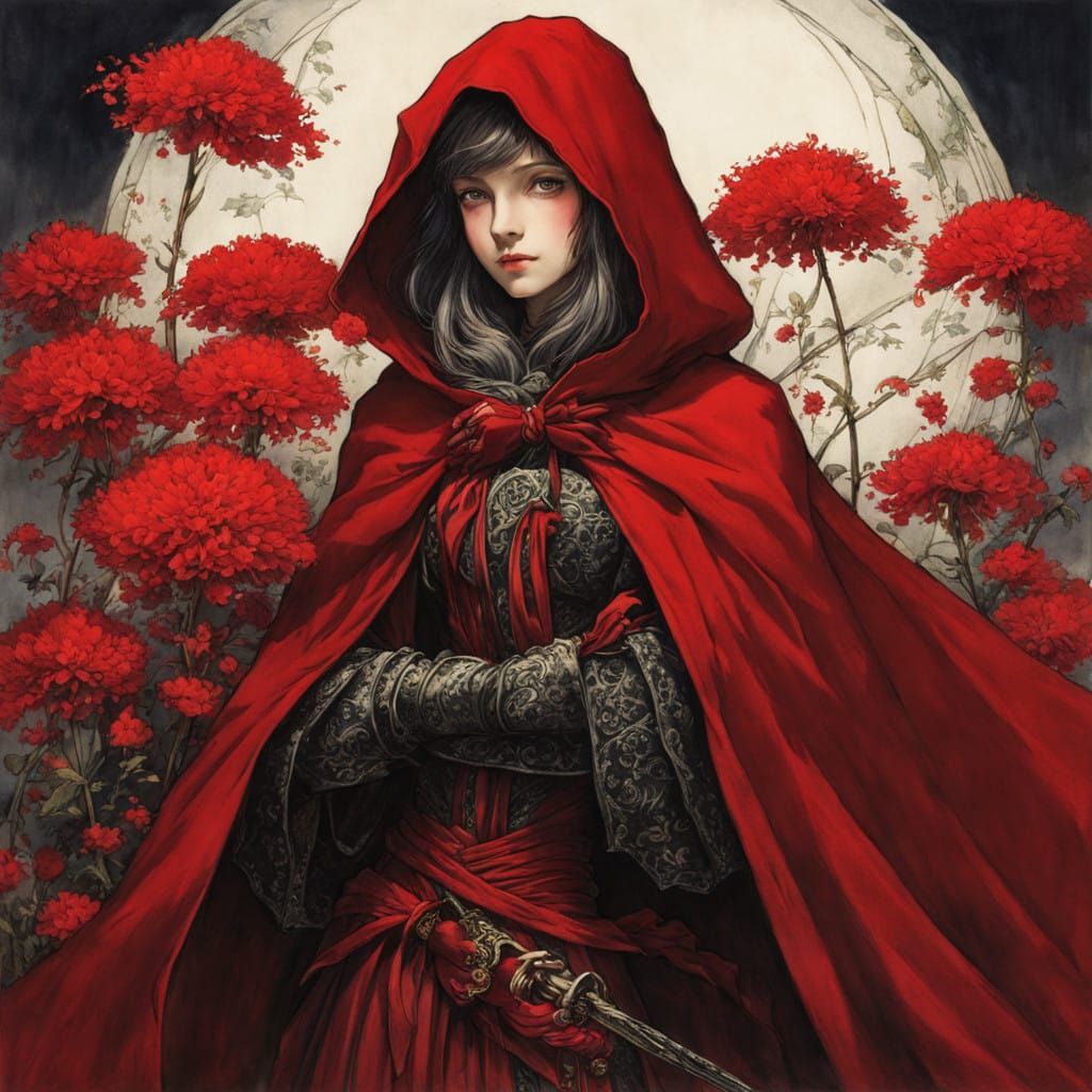 Woman in Vibrant Alizarin Crimson Cloak Among Whimsical Flow...