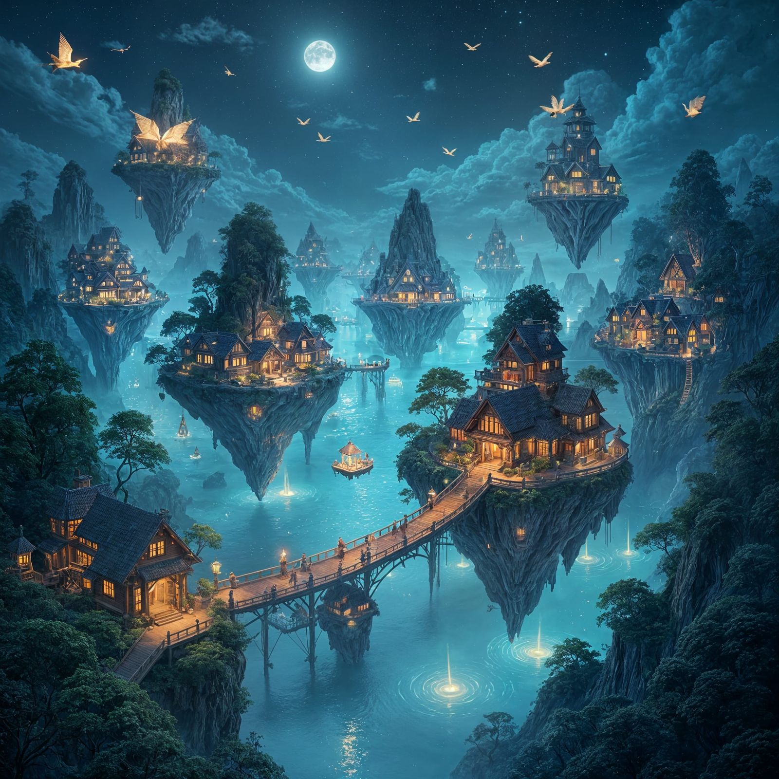 Bioluminescent Islands Floating at Night with Flying Books