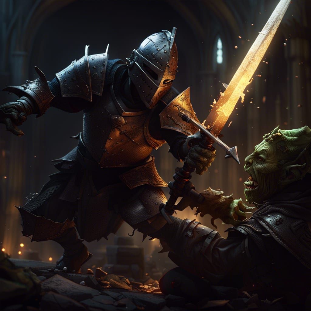 Knight Slaying Goblin in Dark Fantasy Style