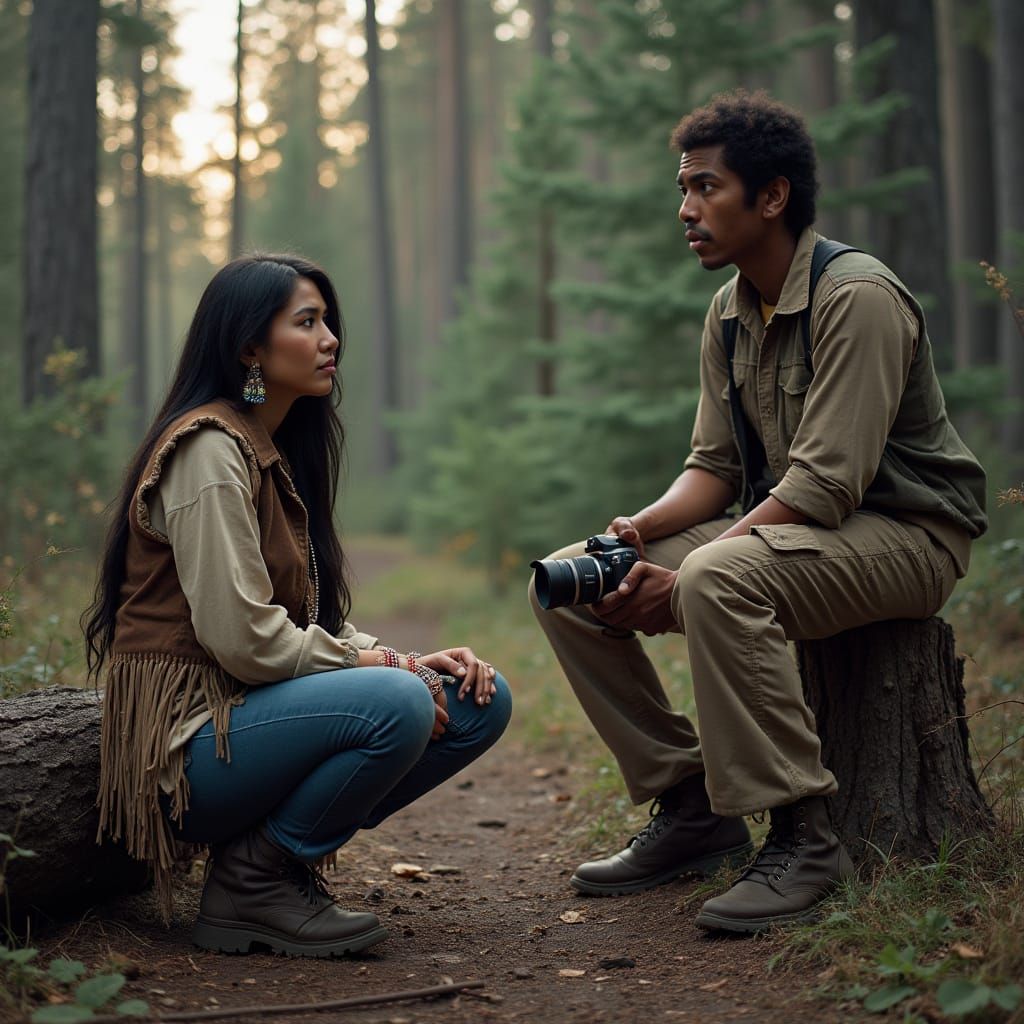 Native American Woman and Man in Forest Logging Camp