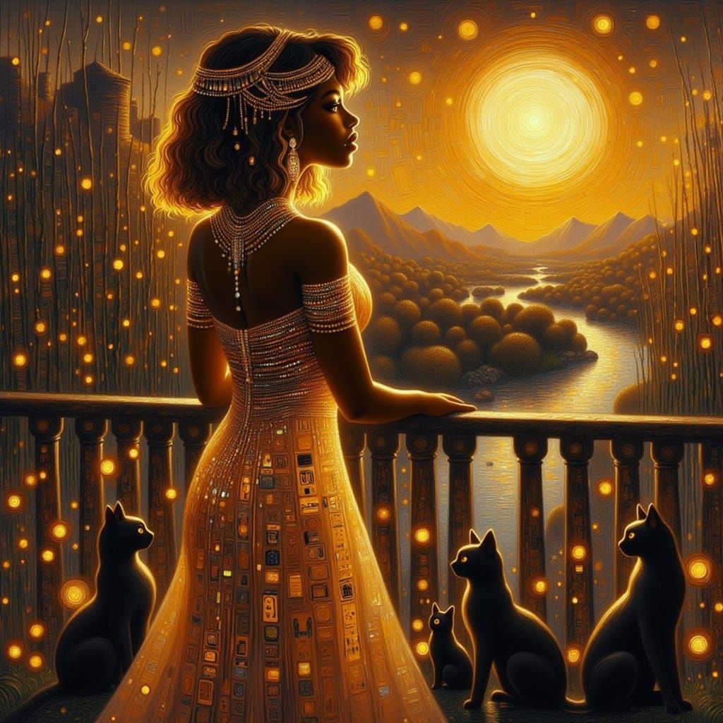 Cleopatra on Balcony at Sunset with Cats