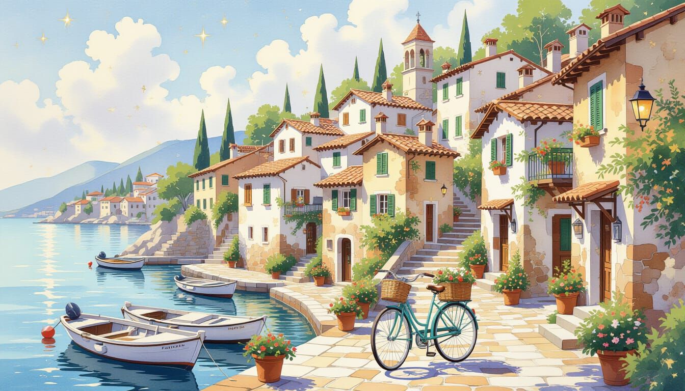 Cascading Italian Village Watercolor with Quaint Details