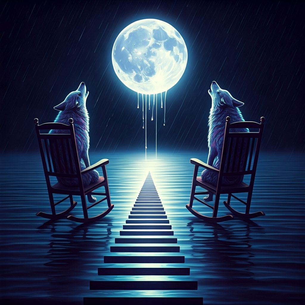 Ethereal Wolves Howling at Moon in Surreal Dreamscape