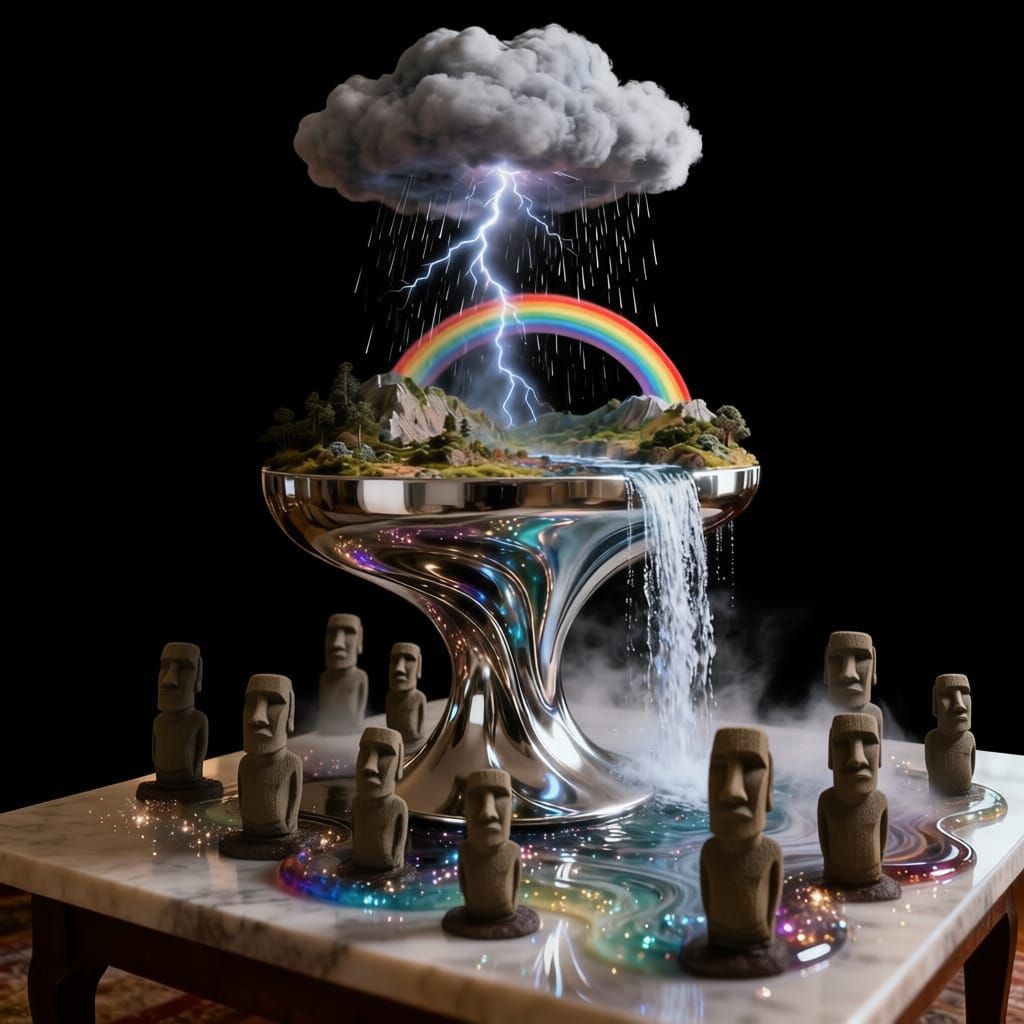 Miniature Moai Heads Emerge from Jet Black Oil